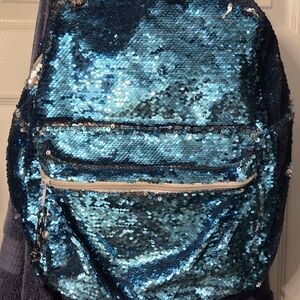 Blue Sequin Sparkle Backpack with Front Zip Pocket